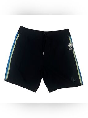 Volcom Black Boardshorts with Blue & Lime Side Stripes